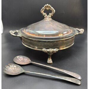 Vintage Silver-Plated Chafing Dish With Glass Insert & Serving Spoons VL4052
